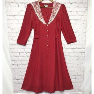 Womens Vtg T Fe Red 80’s Victorian Romantic Prairie Lined Dress Sz 12